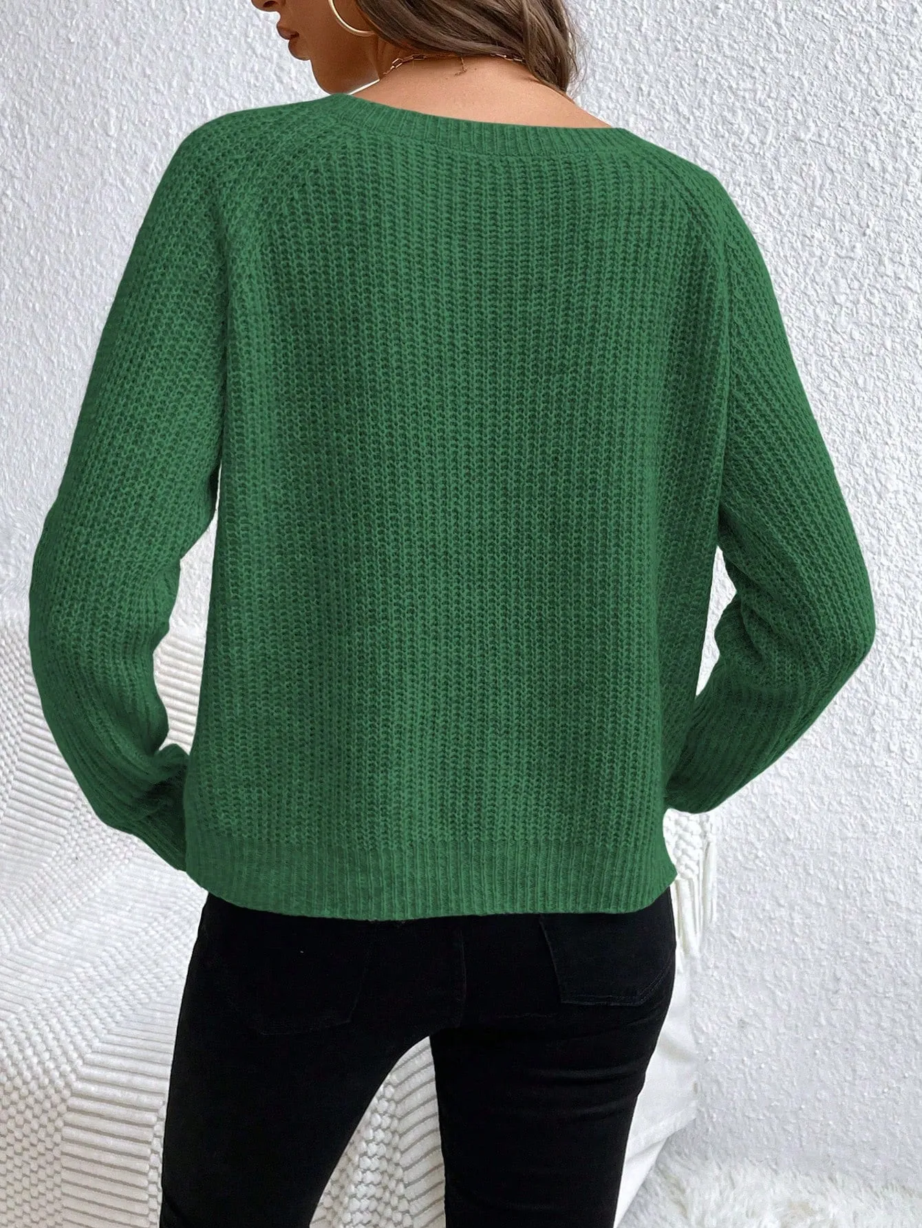 V-Neck Drop Shoulder Raglan Sleeve Sweater Pullover For Women