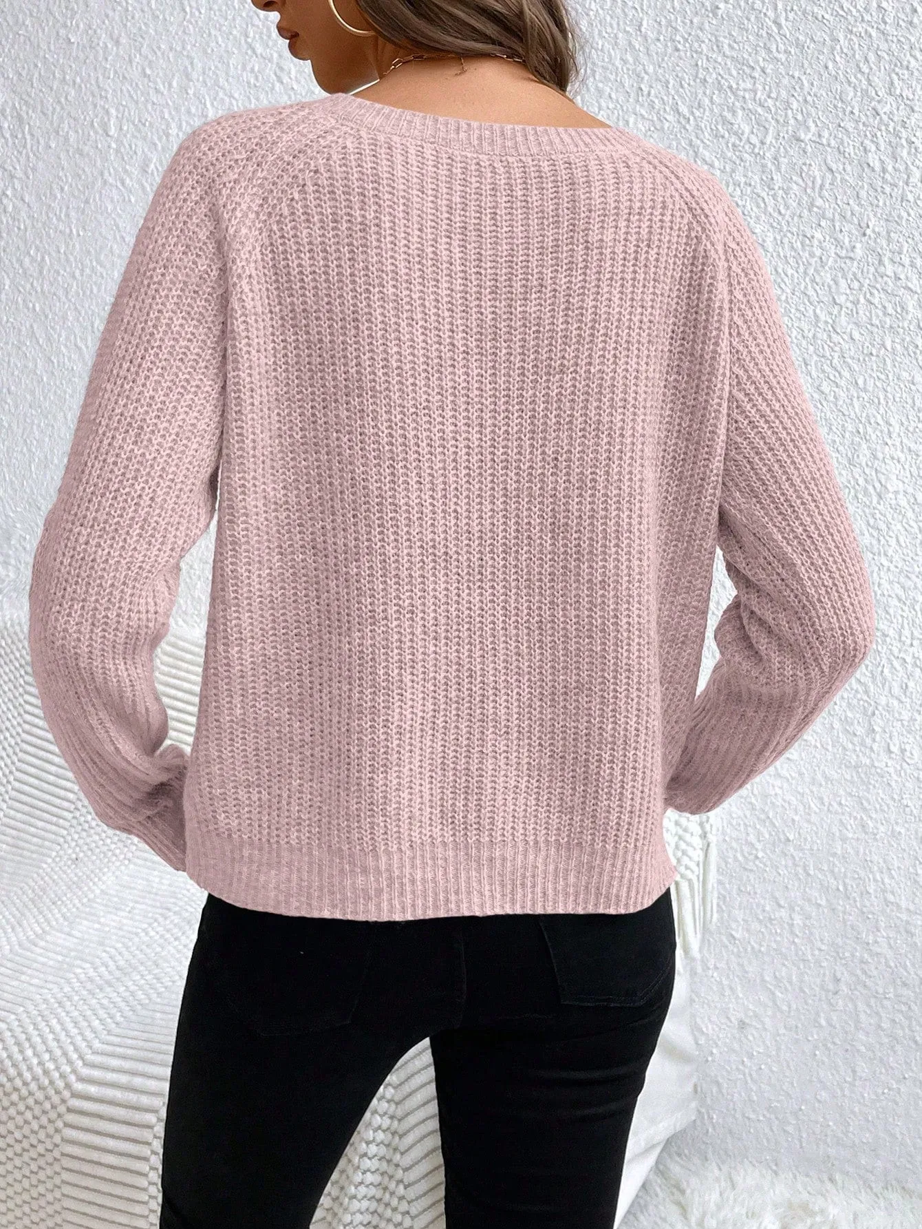 V-Neck Drop Shoulder Raglan Sleeve Sweater Pullover For Women