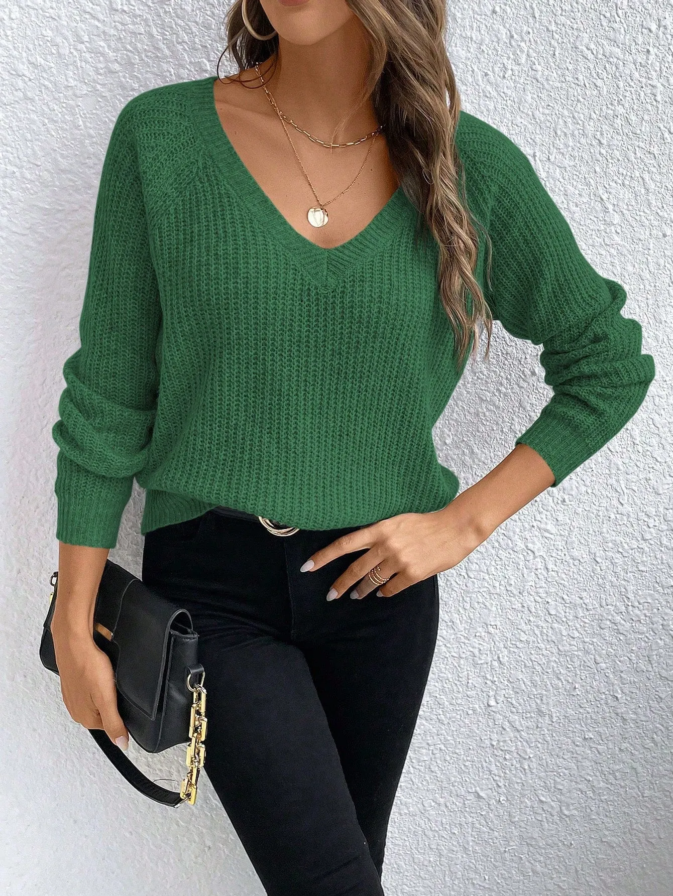 V-Neck Drop Shoulder Raglan Sleeve Sweater Pullover For Women