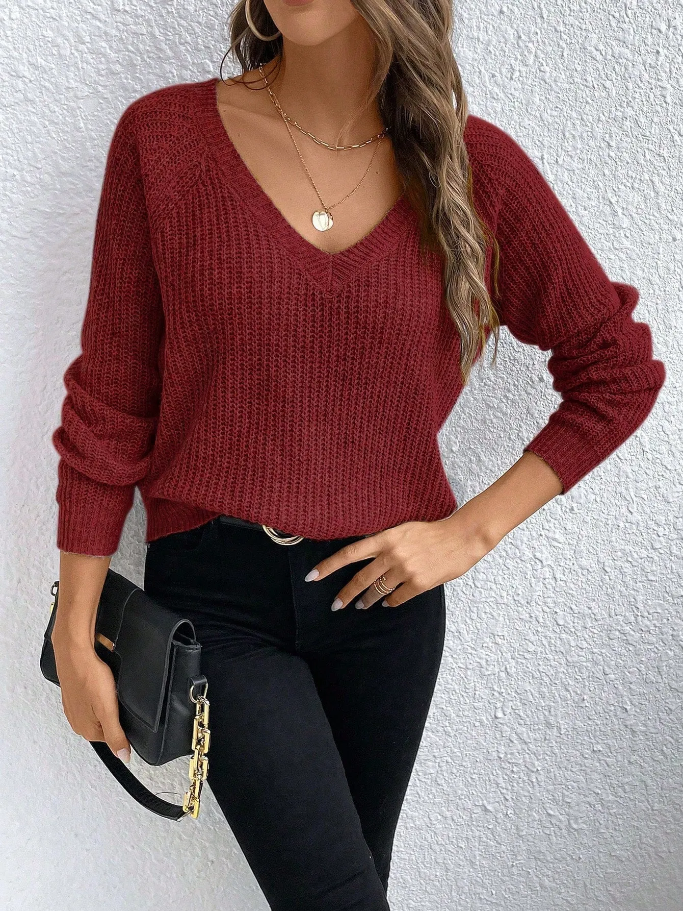 V-Neck Drop Shoulder Raglan Sleeve Sweater Pullover For Women