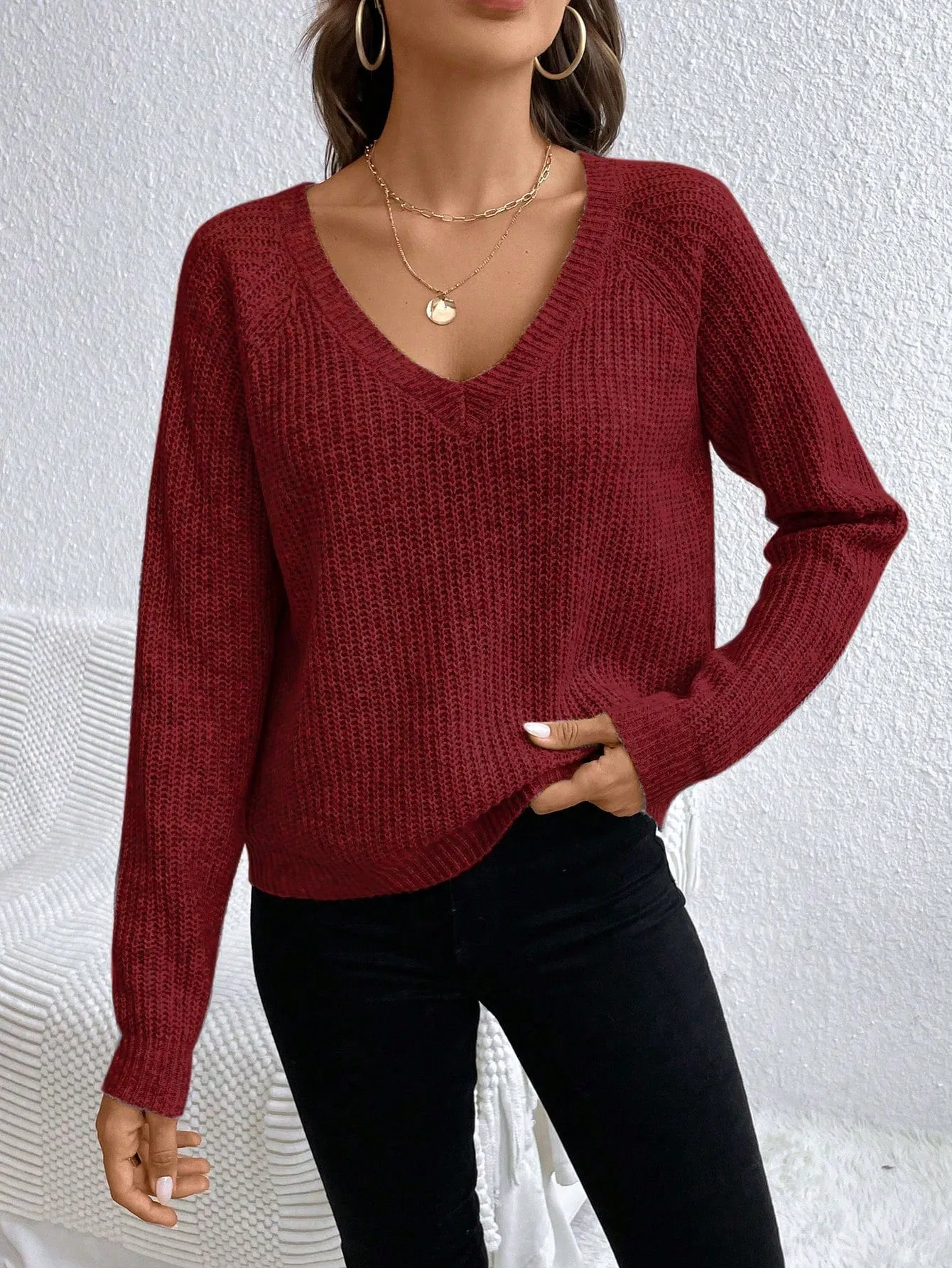 V-Neck Drop Shoulder Raglan Sleeve Sweater Pullover For Women