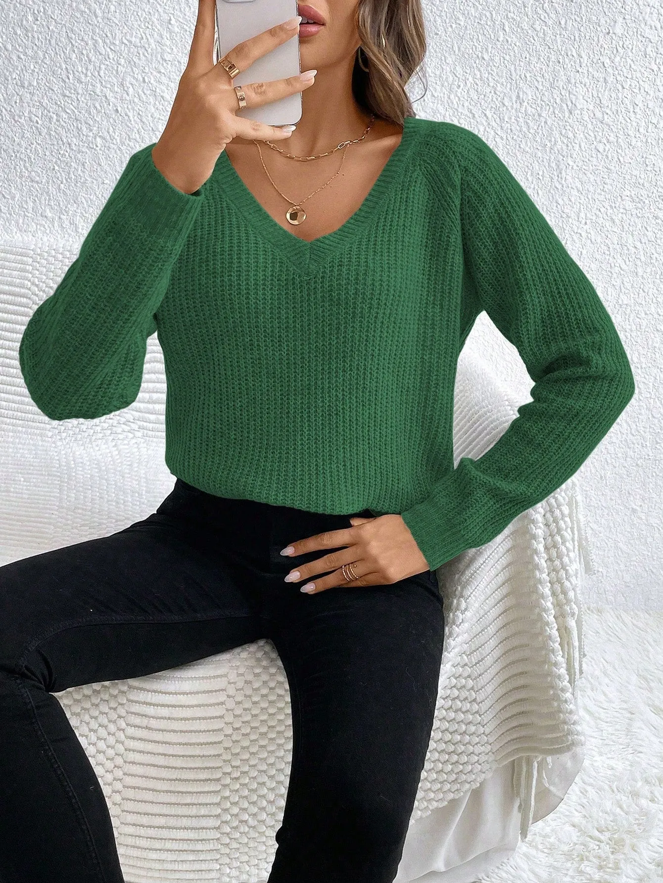 V-Neck Drop Shoulder Raglan Sleeve Sweater Pullover For Women