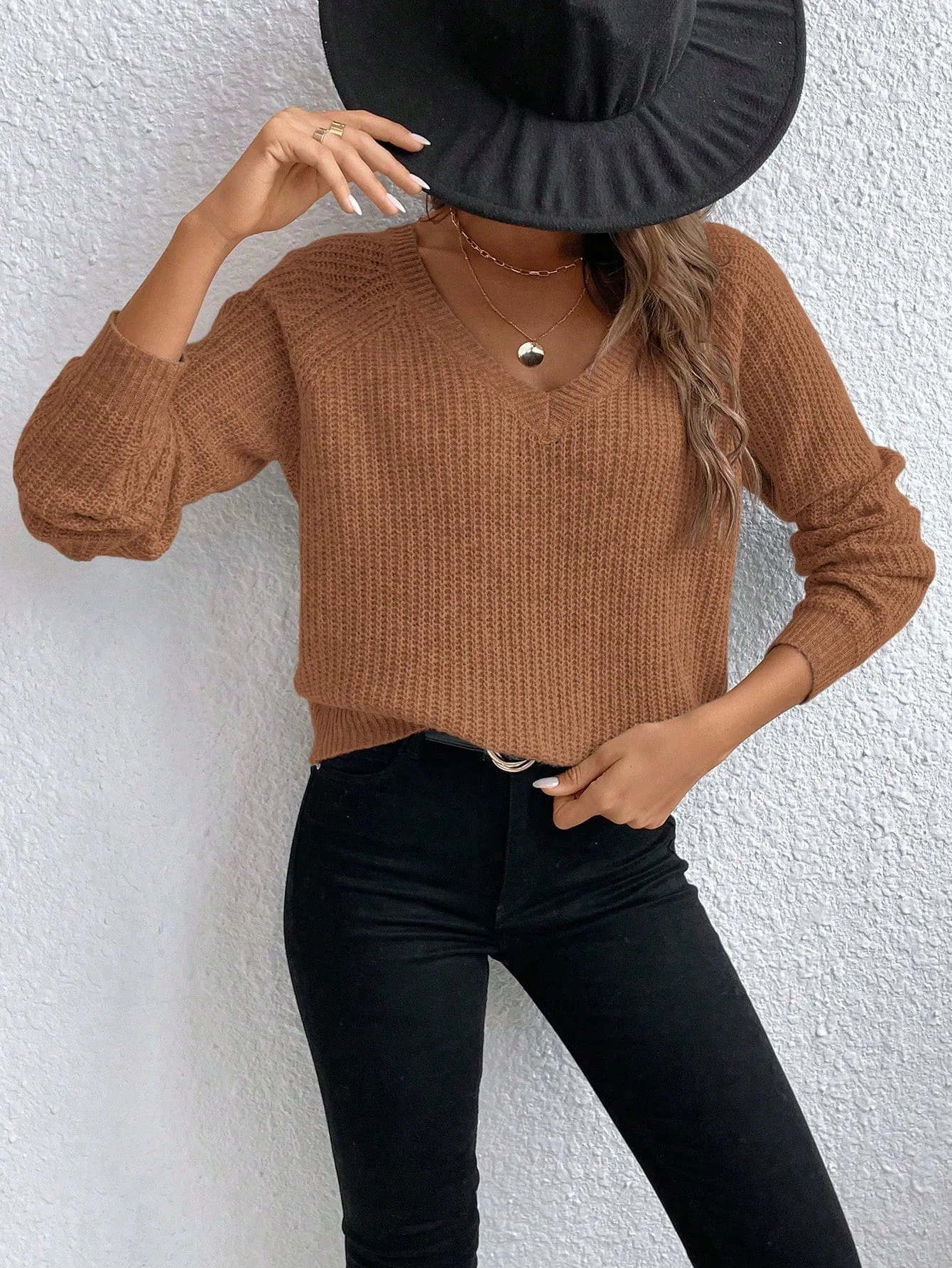 V-Neck Drop Shoulder Raglan Sleeve Sweater Pullover For Women