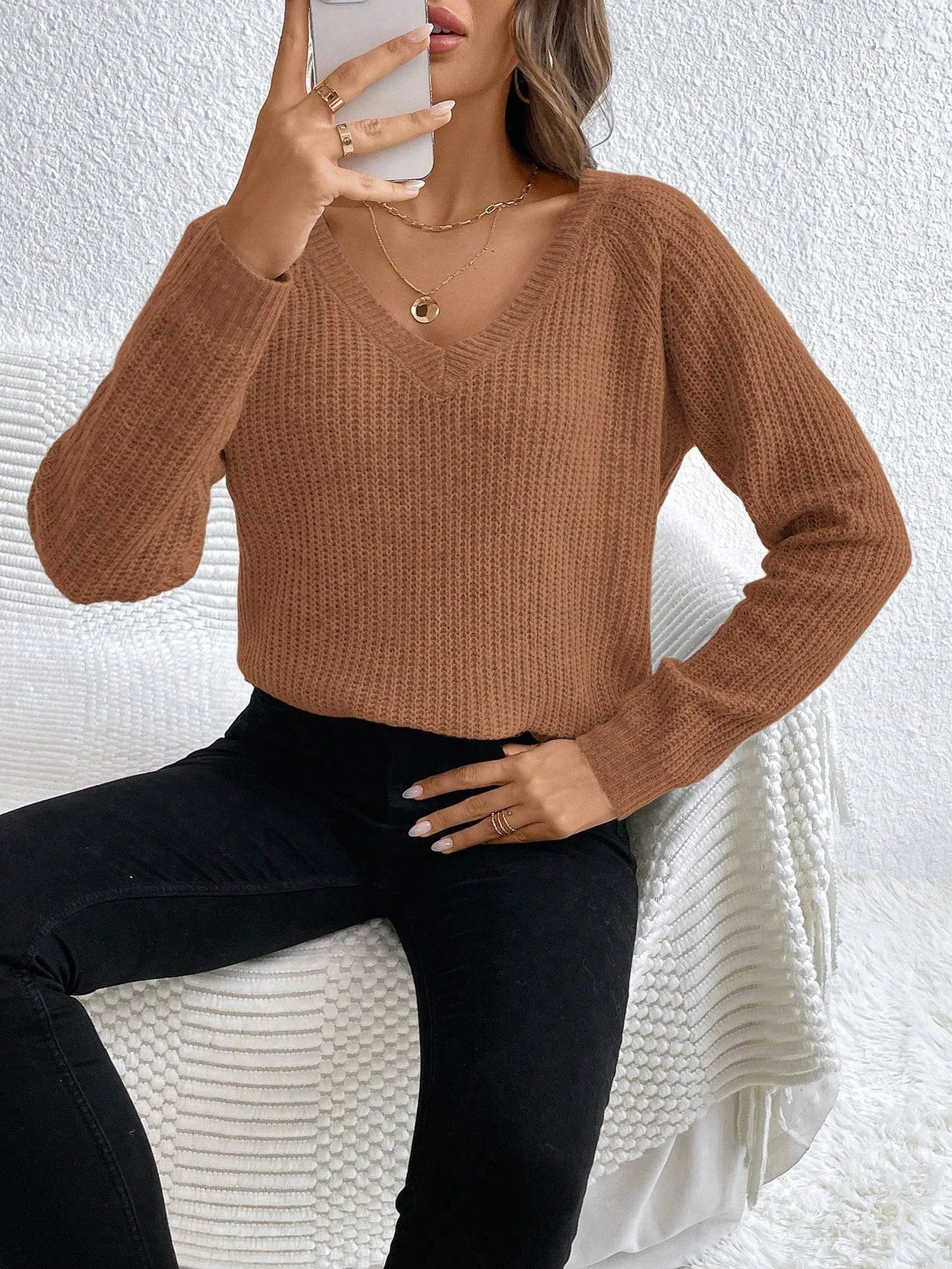 V-Neck Drop Shoulder Raglan Sleeve Sweater Pullover For Women
