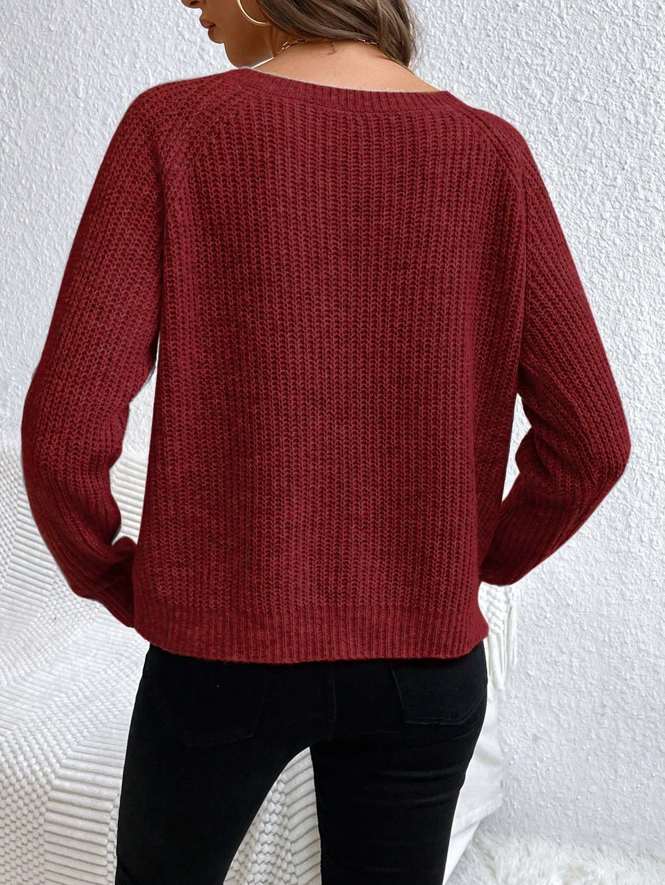 V-Neck Drop Shoulder Raglan Sleeve Sweater Pullover For Women