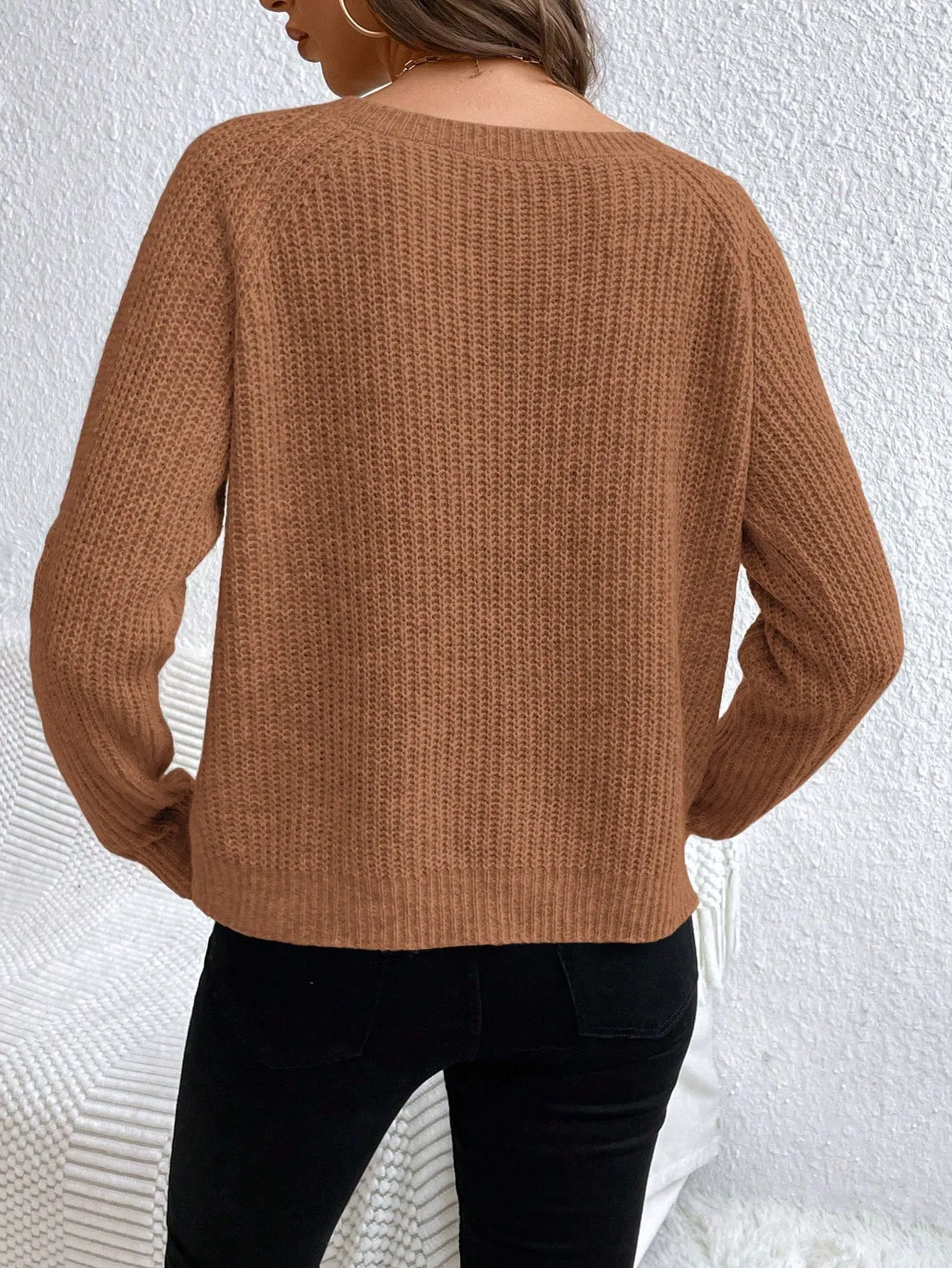 V-Neck Drop Shoulder Raglan Sleeve Sweater Pullover For Women
