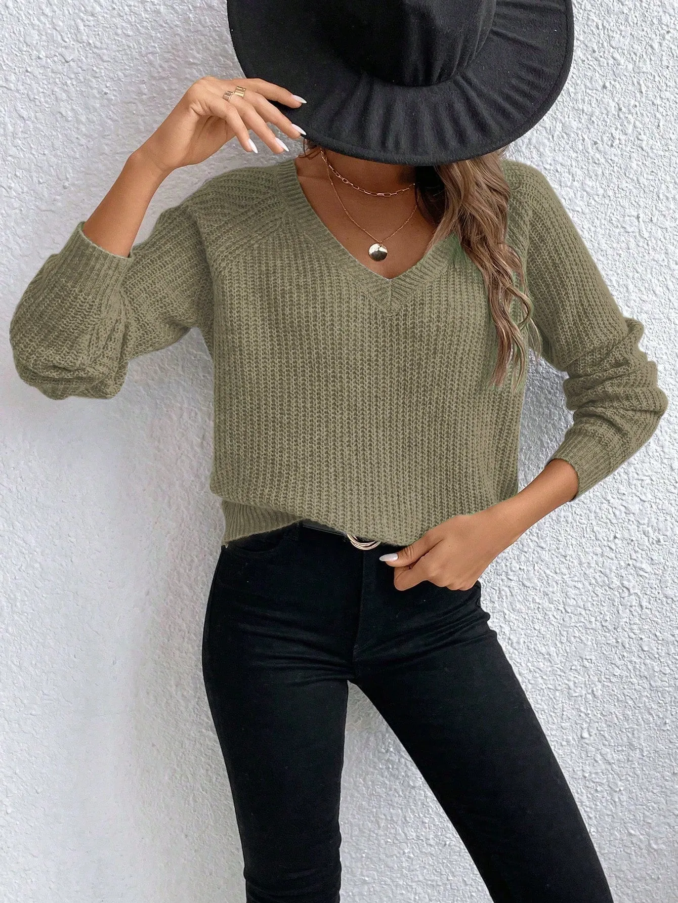V-Neck Drop Shoulder Raglan Sleeve Sweater Pullover For Women