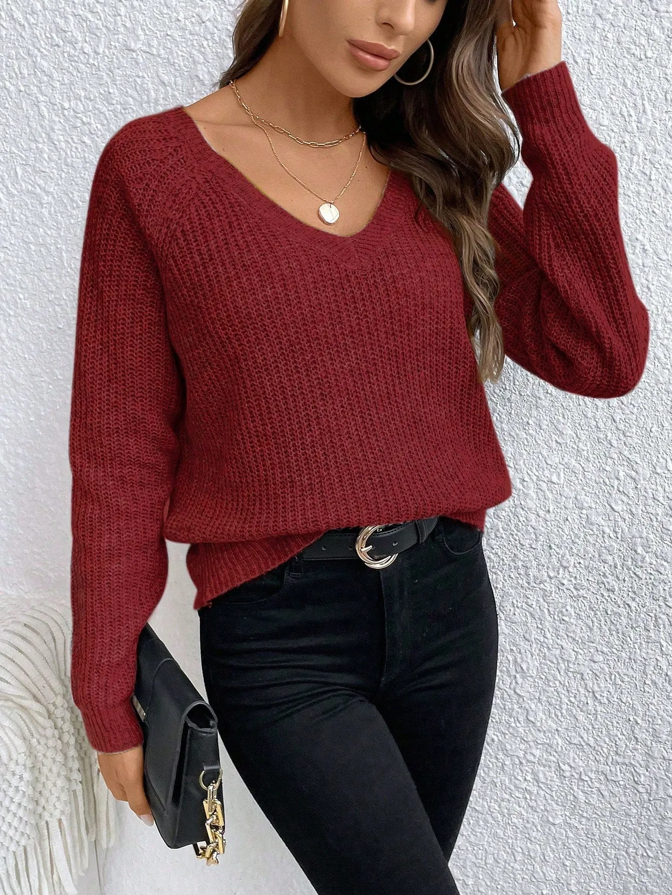 V-Neck Drop Shoulder Raglan Sleeve Sweater Pullover For Women
