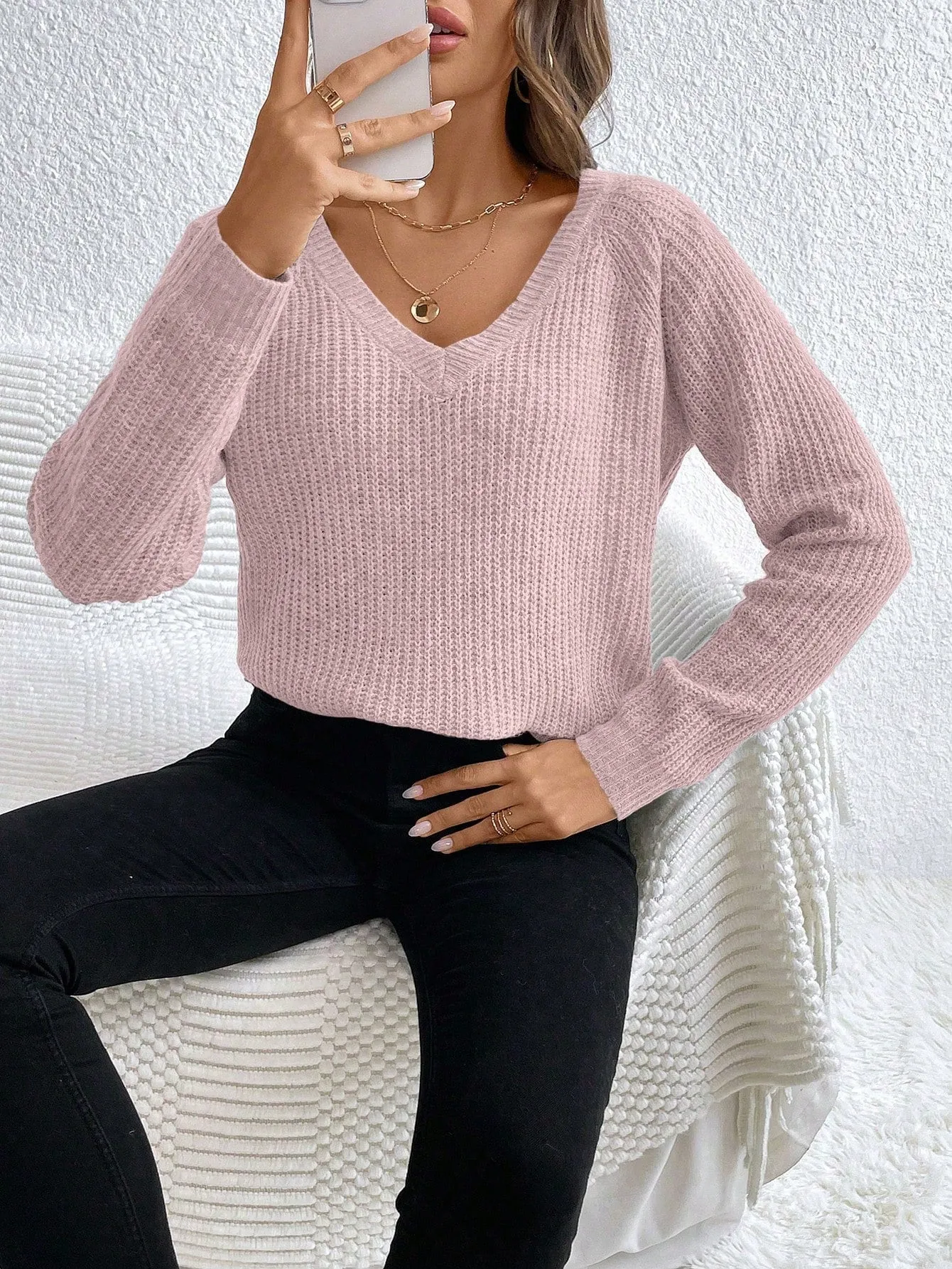 V-Neck Drop Shoulder Raglan Sleeve Sweater Pullover For Women