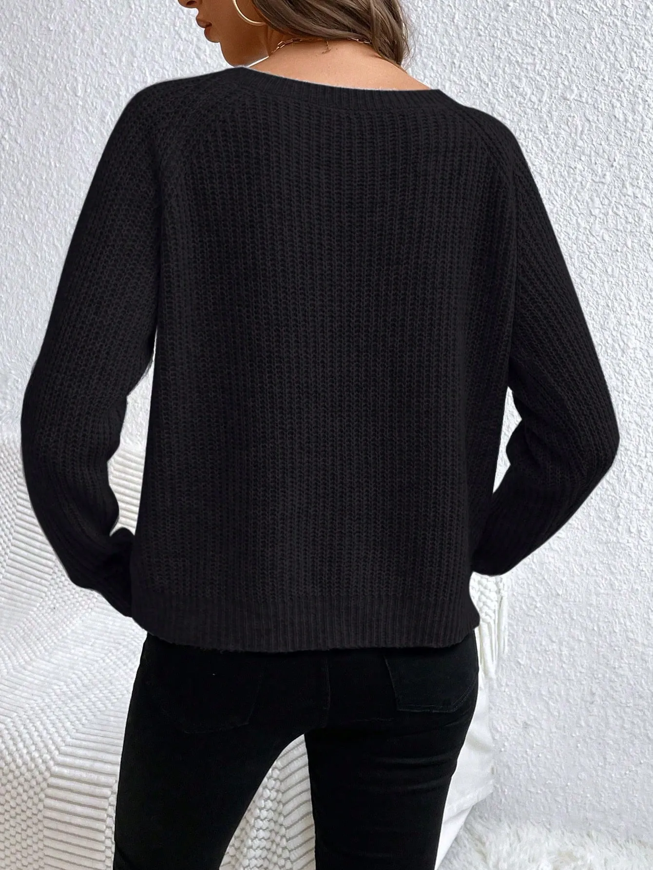 V-Neck Drop Shoulder Raglan Sleeve Sweater Pullover For Women