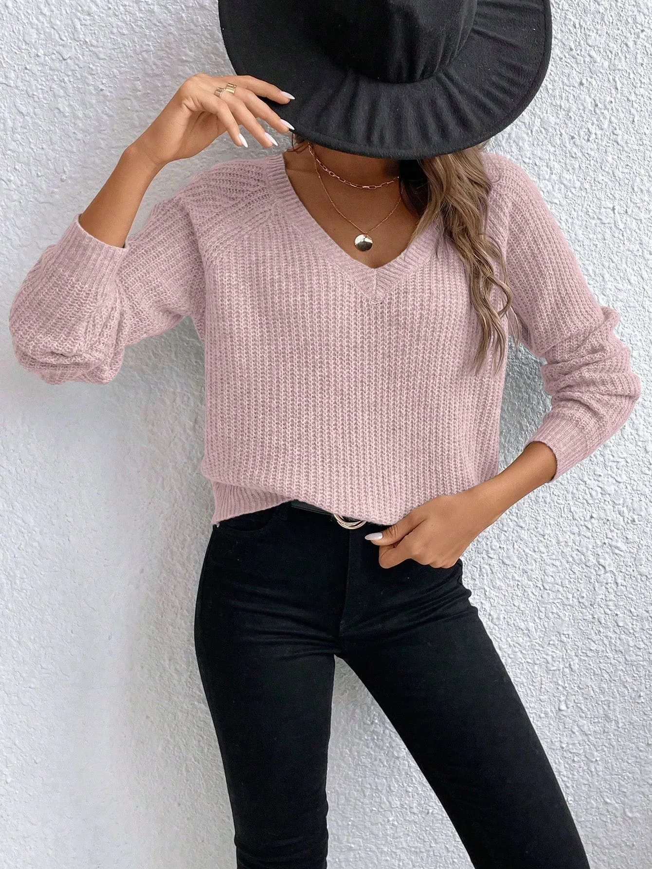 V-Neck Drop Shoulder Raglan Sleeve Sweater Pullover For Women