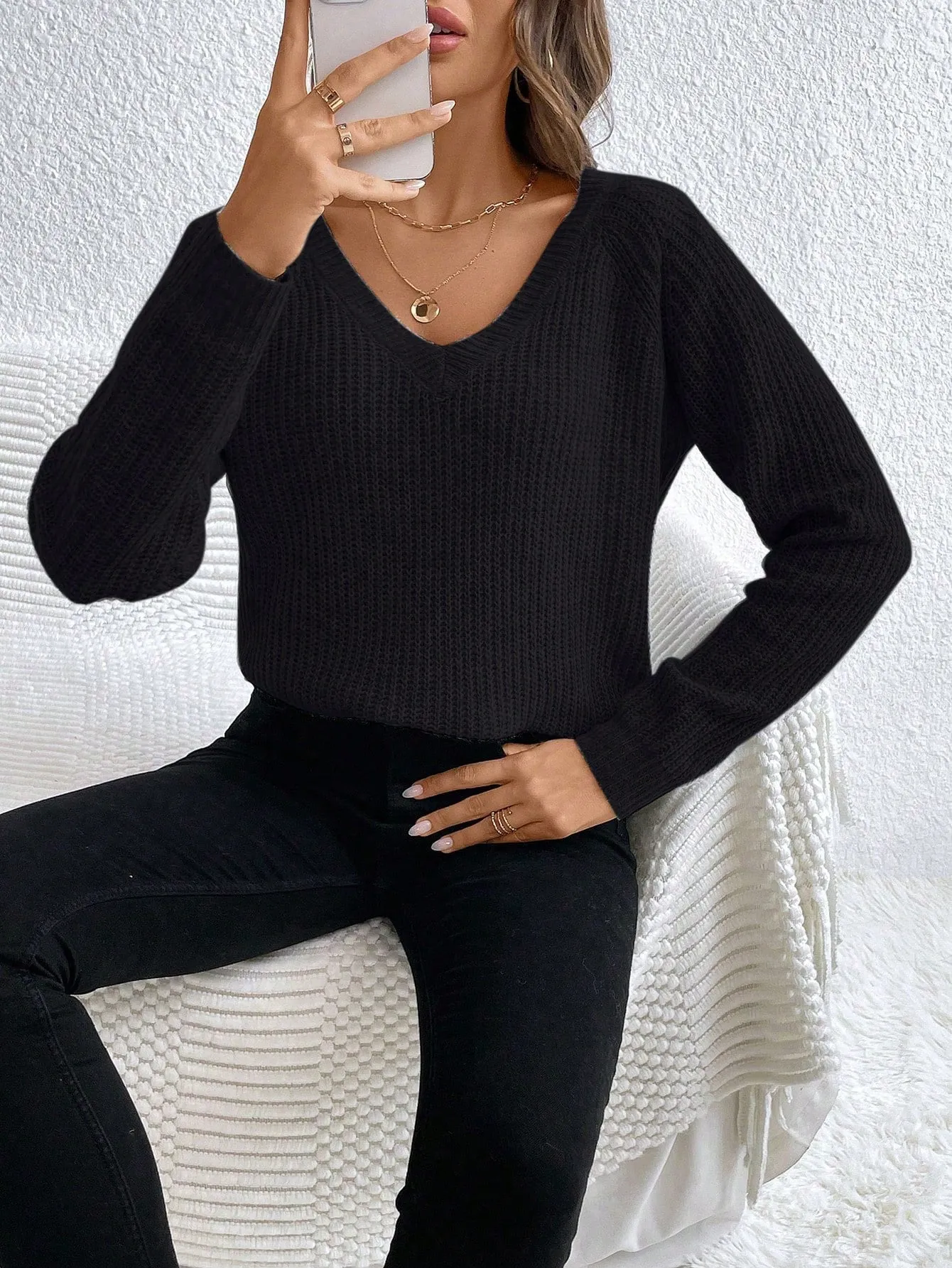 V-Neck Drop Shoulder Raglan Sleeve Sweater Pullover For Women