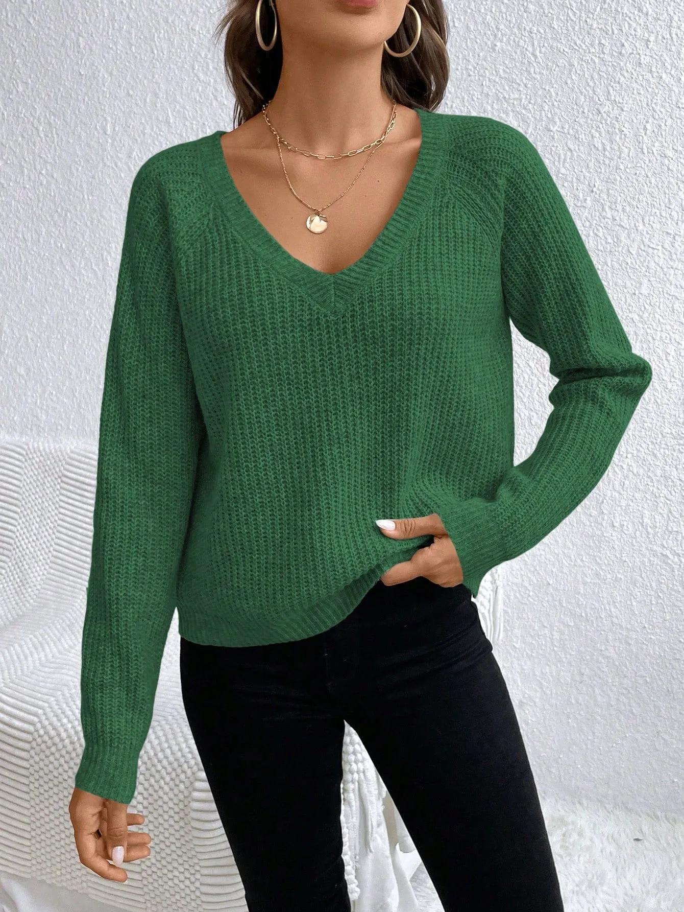V-Neck Drop Shoulder Raglan Sleeve Sweater Pullover For Women