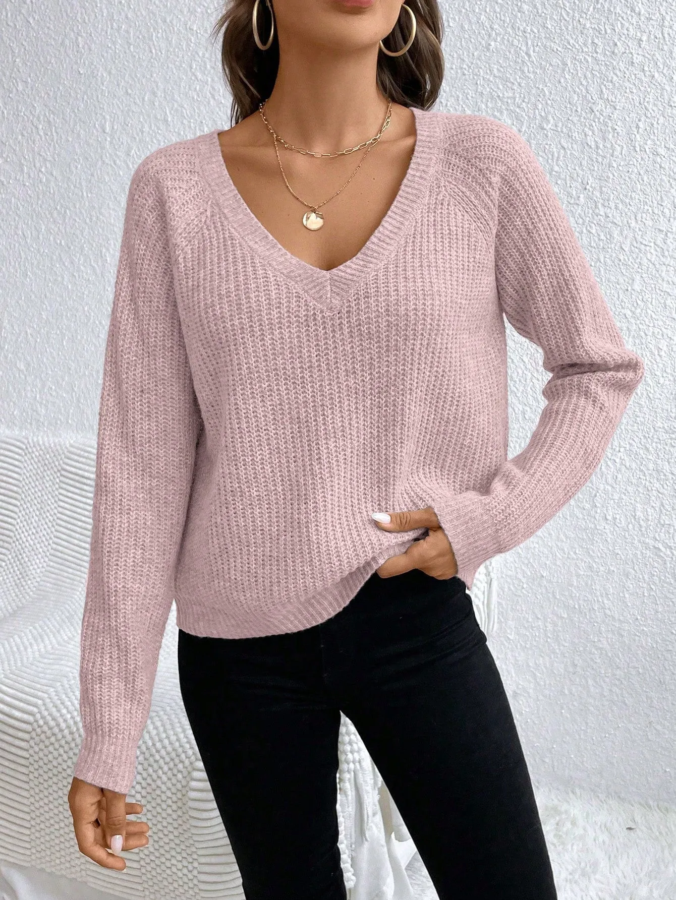 V-Neck Drop Shoulder Raglan Sleeve Sweater Pullover For Women