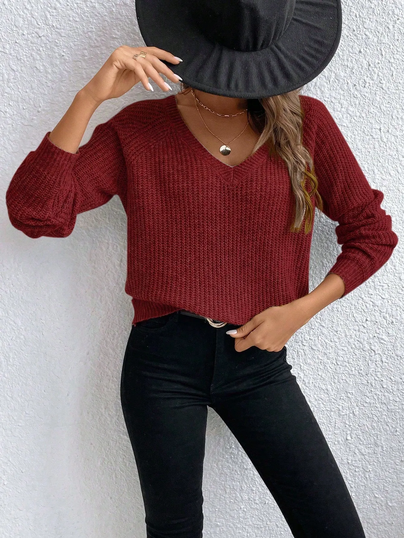 V-Neck Drop Shoulder Raglan Sleeve Sweater Pullover For Women