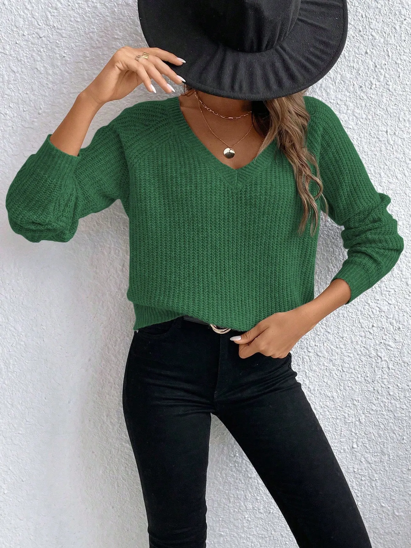 V-Neck Drop Shoulder Raglan Sleeve Sweater Pullover For Women