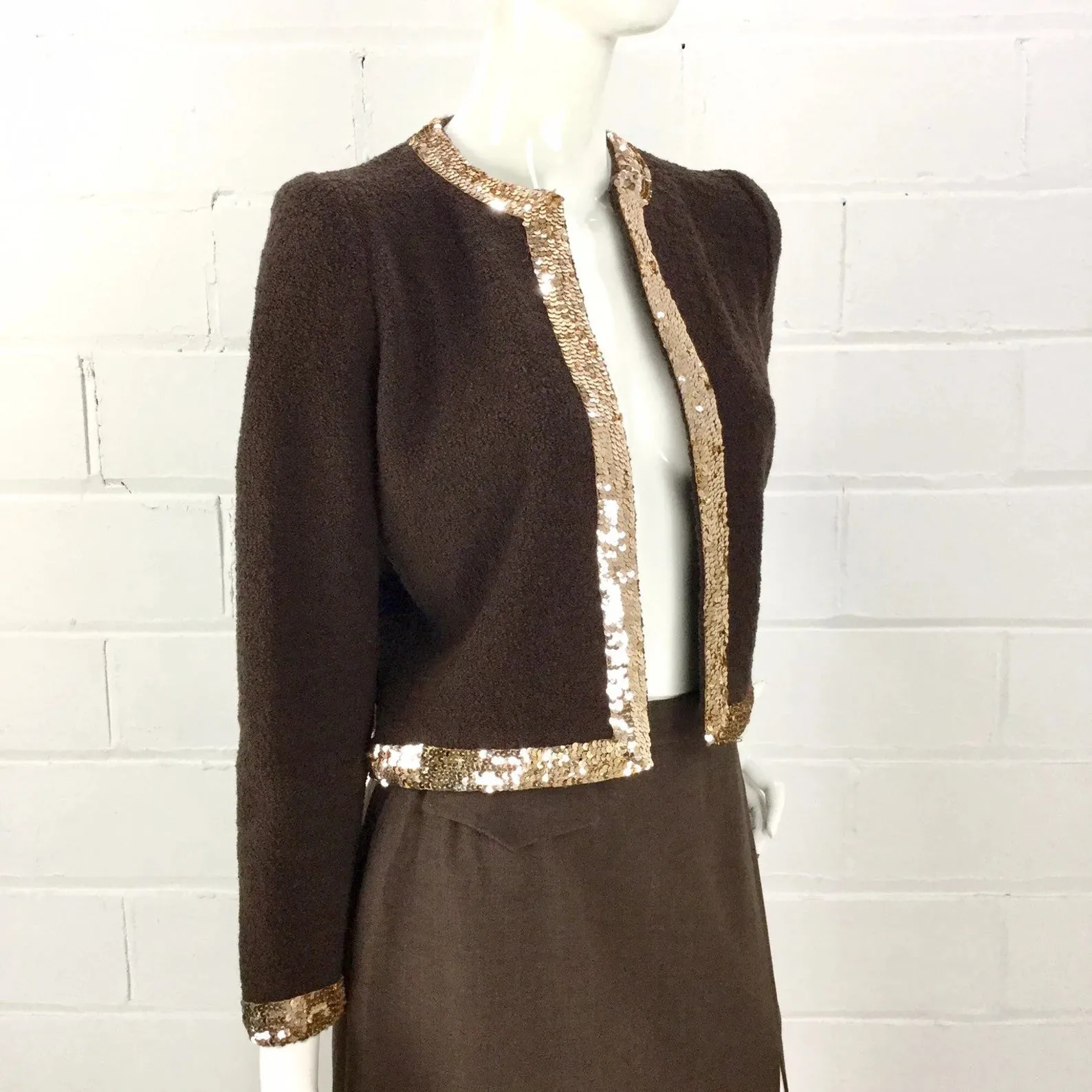 Vintage 1980s Brown Sequin Adolfo Boucle Cardigan, B36