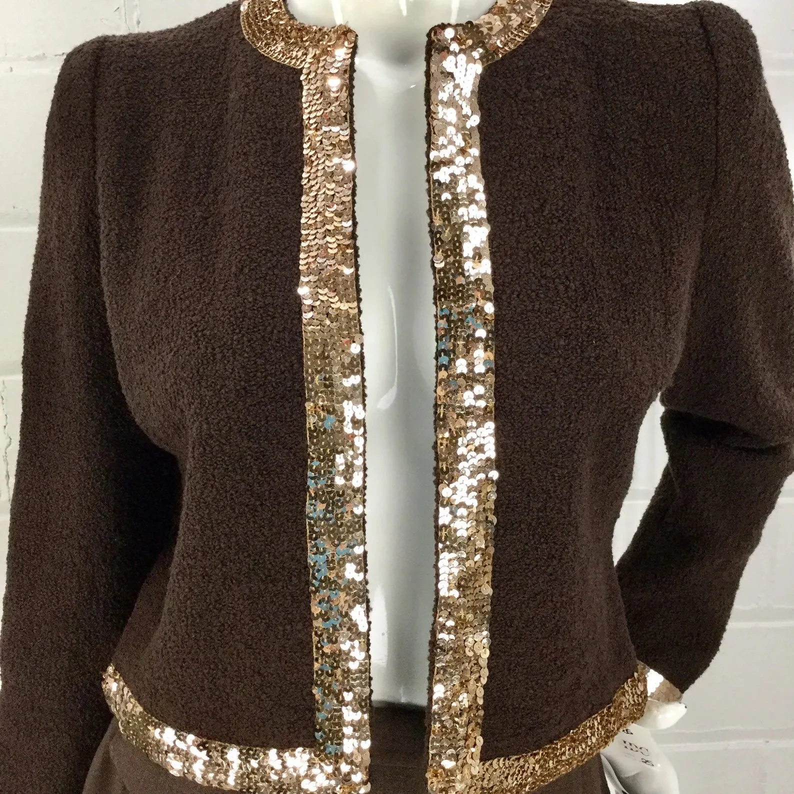 Vintage 1980s Brown Sequin Adolfo Boucle Cardigan, B36