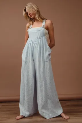 Vintage Washed Crinkle Gauze Wide-Leg Overalls in Light Blue
