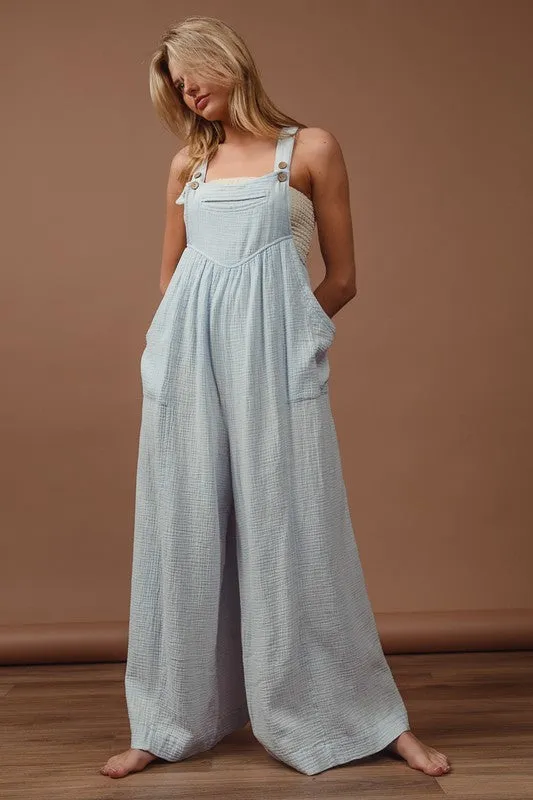 Vintage Washed Crinkle Gauze Wide-Leg Overalls in Light Blue
