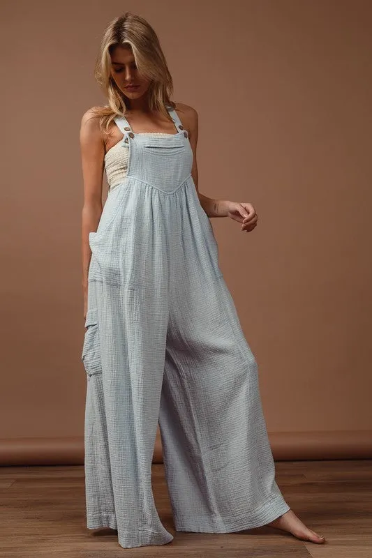 Vintage Washed Crinkle Gauze Wide-Leg Overalls in Light Blue