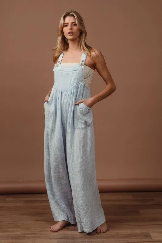 Vintage Washed Crinkle Gauze Wide-Leg Overalls in Light Blue