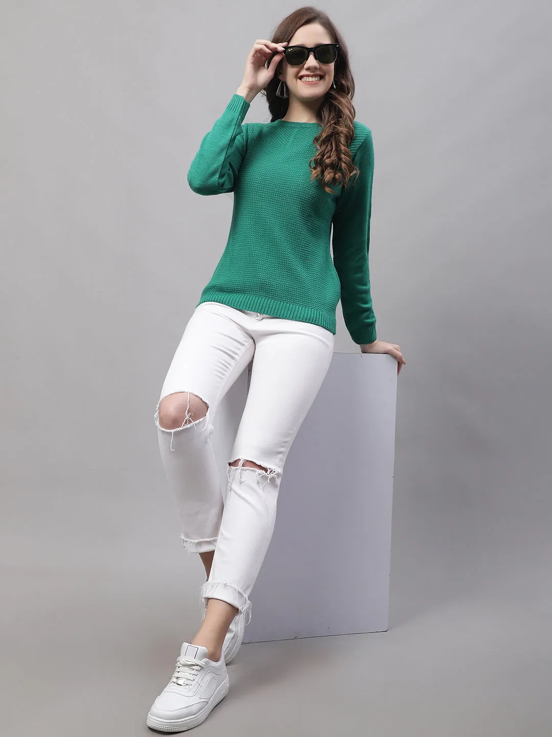 Women's Casual  Green Round neck Pullover Sweater