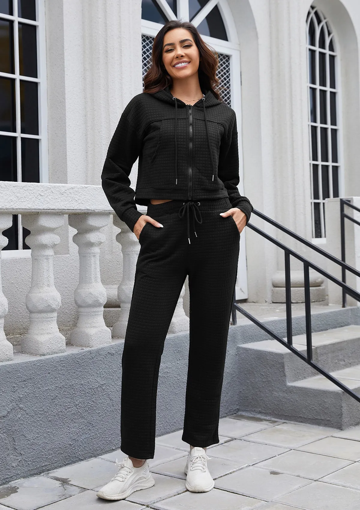 Womens Tracksuits 2 Piece Outfits Zip Up Cropped Hoodie Sweatshirt Drawstring Sweatpants Lounge Set with Pockets