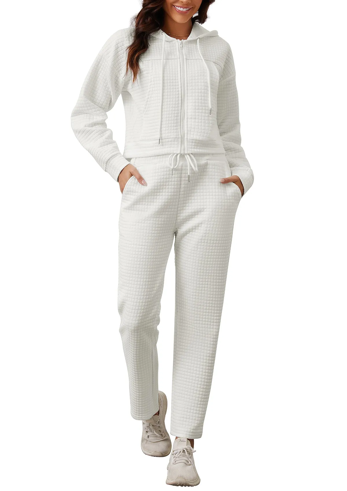 Womens Tracksuits 2 Piece Outfits Zip Up Cropped Hoodie Sweatshirt Drawstring Sweatpants Lounge Set with Pockets