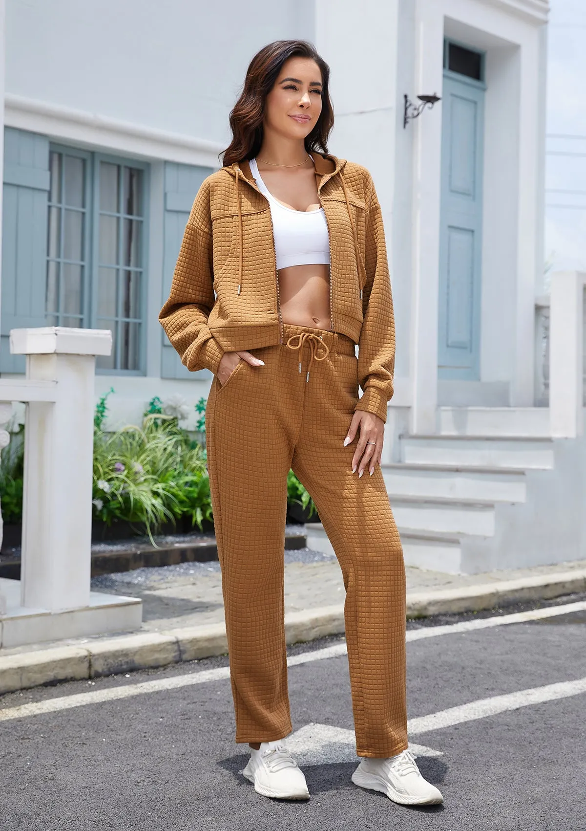 Womens Tracksuits 2 Piece Outfits Zip Up Cropped Hoodie Sweatshirt Drawstring Sweatpants Lounge Set with Pockets