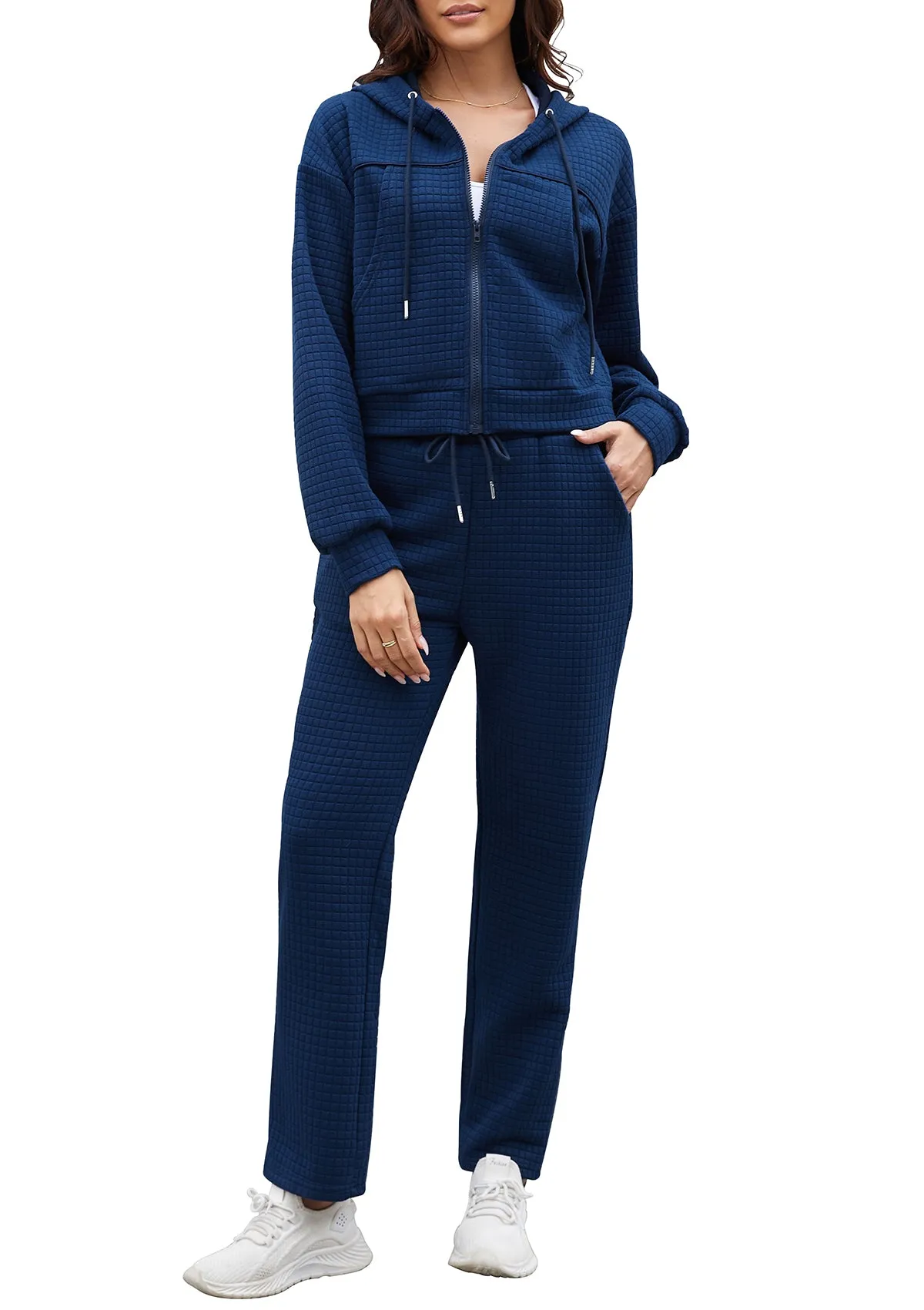Womens Tracksuits 2 Piece Outfits Zip Up Cropped Hoodie Sweatshirt Drawstring Sweatpants Lounge Set with Pockets