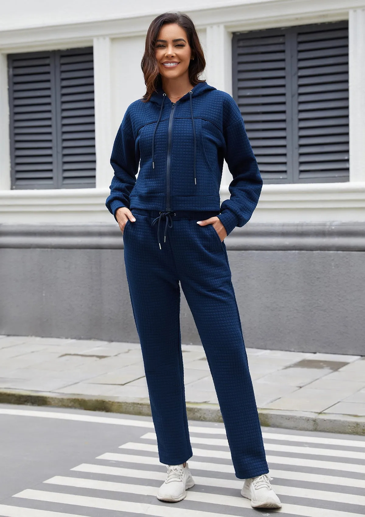 Womens Tracksuits 2 Piece Outfits Zip Up Cropped Hoodie Sweatshirt Drawstring Sweatpants Lounge Set with Pockets