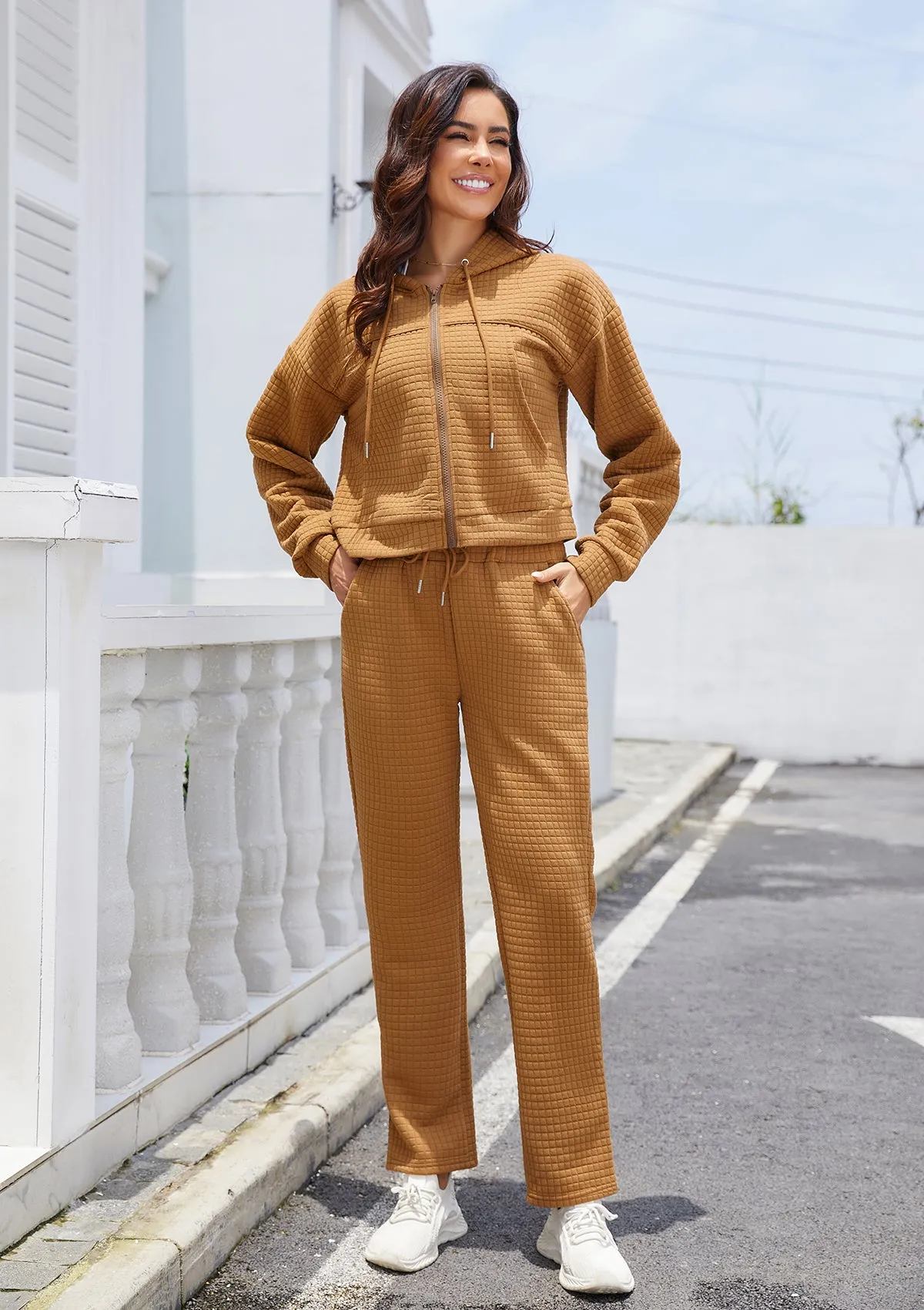 Womens Tracksuits 2 Piece Outfits Zip Up Cropped Hoodie Sweatshirt Drawstring Sweatpants Lounge Set with Pockets
