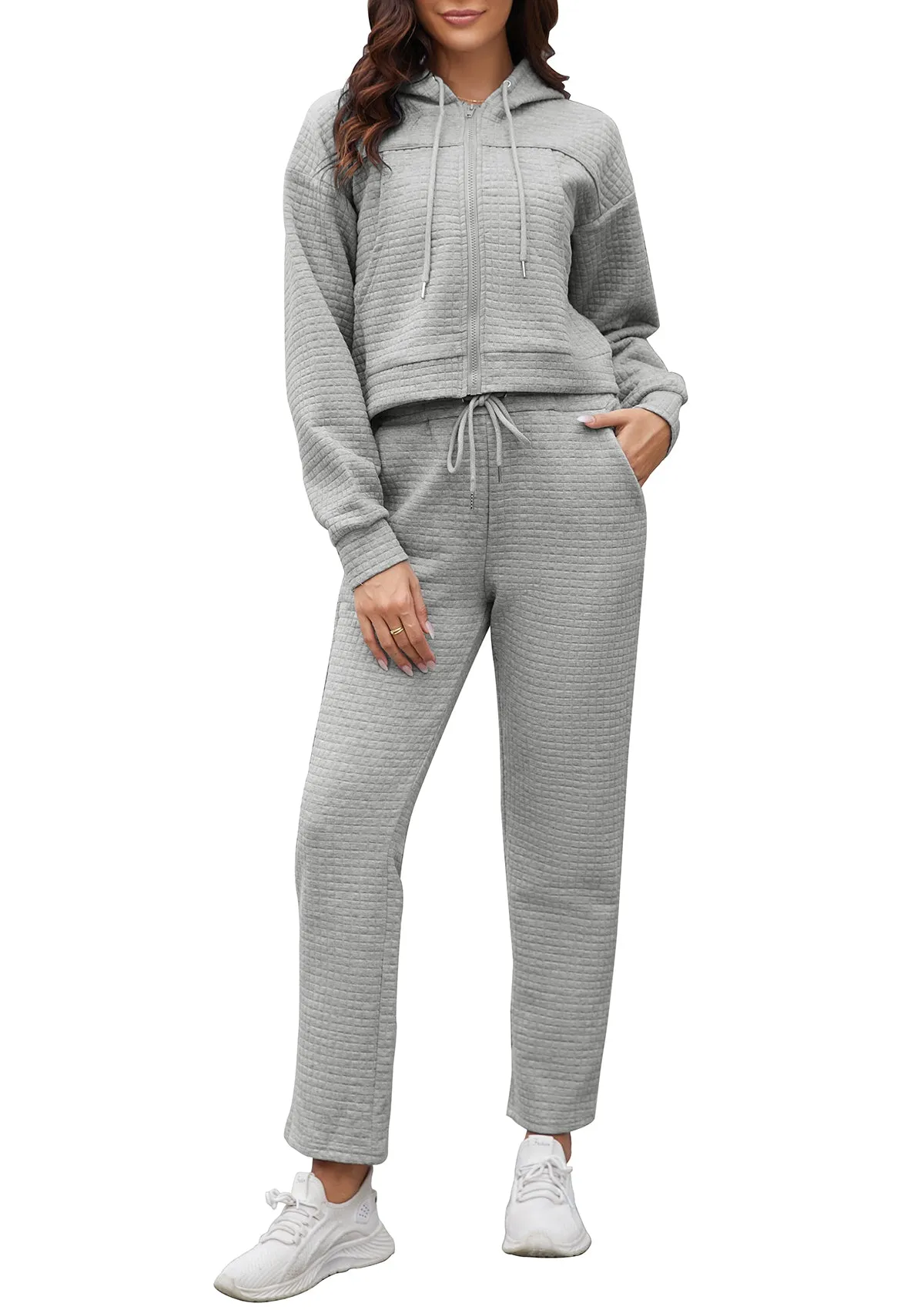 Womens Tracksuits 2 Piece Outfits Zip Up Cropped Hoodie Sweatshirt Drawstring Sweatpants Lounge Set with Pockets