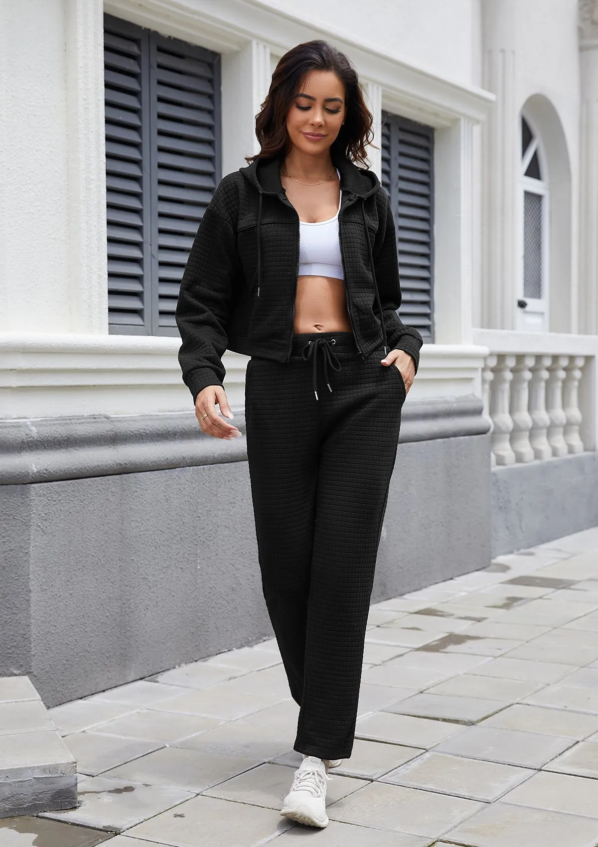 Womens Tracksuits 2 Piece Outfits Zip Up Cropped Hoodie Sweatshirt Drawstring Sweatpants Lounge Set with Pockets