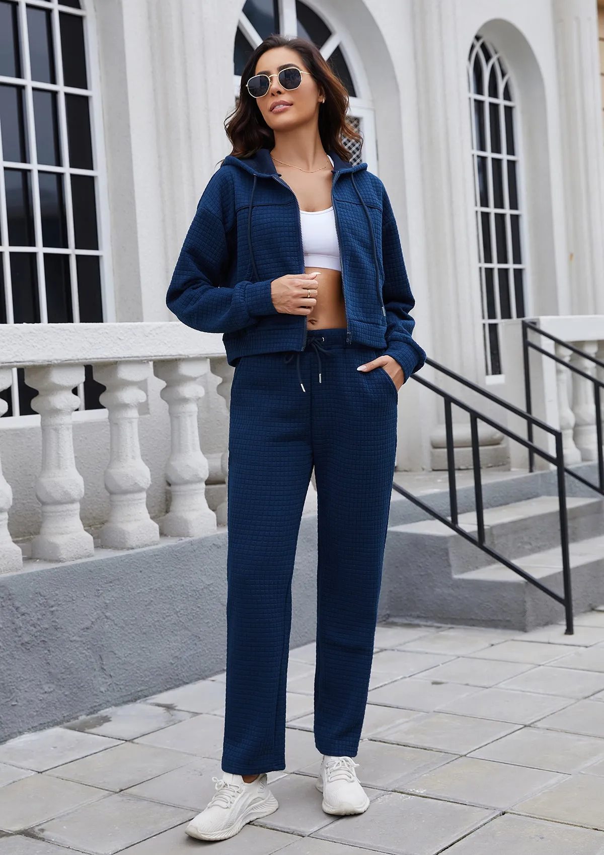 Womens Tracksuits 2 Piece Outfits Zip Up Cropped Hoodie Sweatshirt Drawstring Sweatpants Lounge Set with Pockets