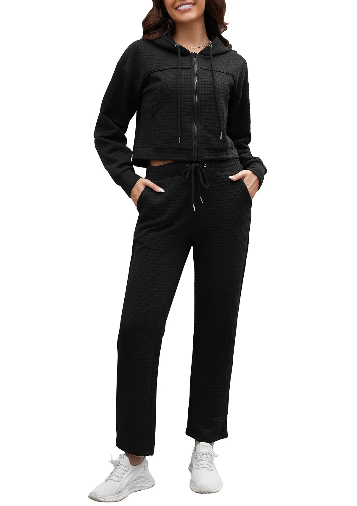 Womens Tracksuits 2 Piece Outfits Zip Up Cropped Hoodie Sweatshirt Drawstring Sweatpants Lounge Set with Pockets