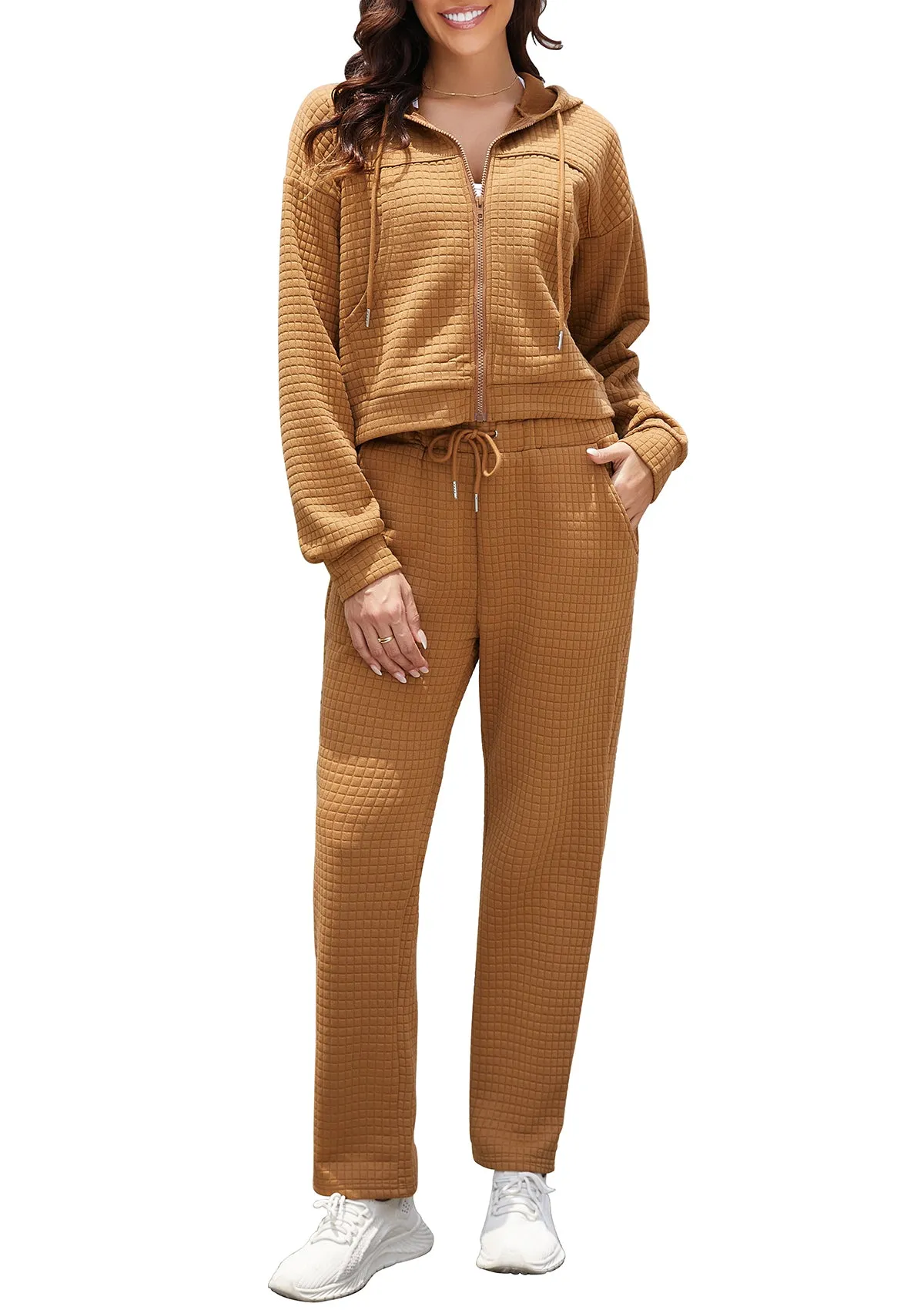 Womens Tracksuits 2 Piece Outfits Zip Up Cropped Hoodie Sweatshirt Drawstring Sweatpants Lounge Set with Pockets