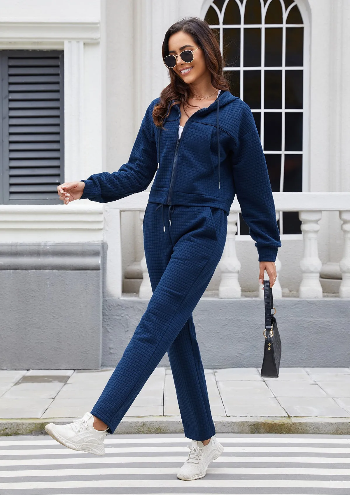 Womens Tracksuits 2 Piece Outfits Zip Up Cropped Hoodie Sweatshirt Drawstring Sweatpants Lounge Set with Pockets