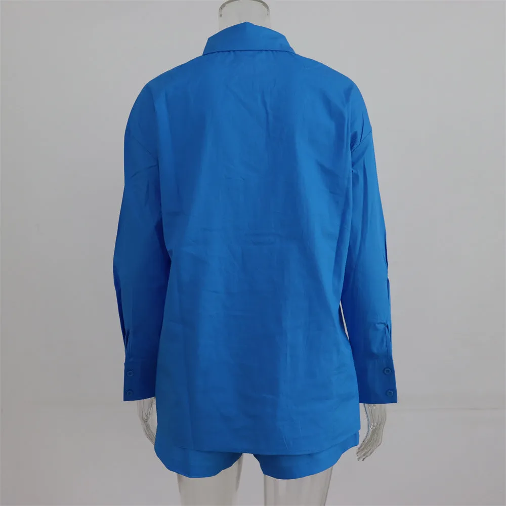 Women's Tracksuits Shirt With Mini Shorts Cotton Two Pieces Sets Fashion Clothing Outfits Blouse Set