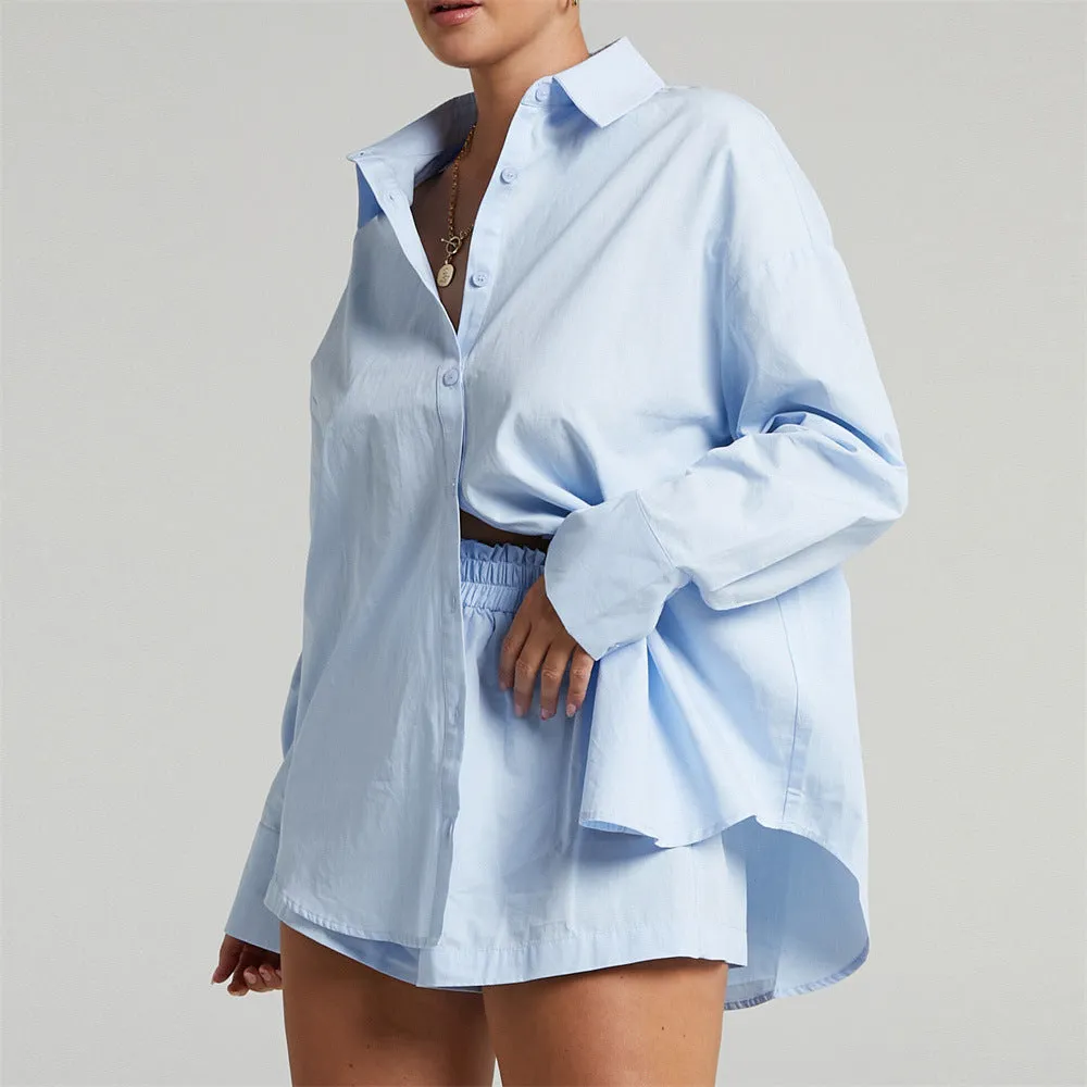 Women's Tracksuits Shirt With Mini Shorts Cotton Two Pieces Sets Fashion Clothing Outfits Blouse Set