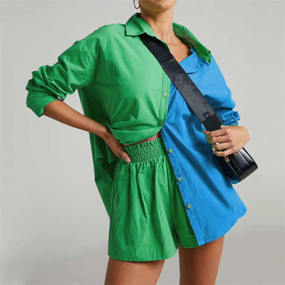 Women's Tracksuits Shirt With Mini Shorts Cotton Two Pieces Sets Fashion Clothing Outfits Blouse Set