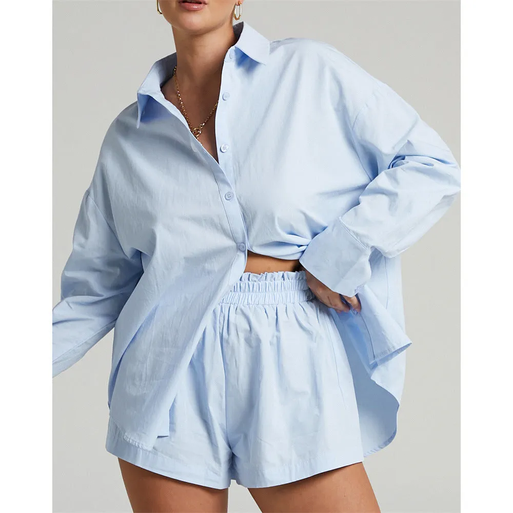 Women's Tracksuits Shirt With Mini Shorts Cotton Two Pieces Sets Fashion Clothing Outfits Blouse Set