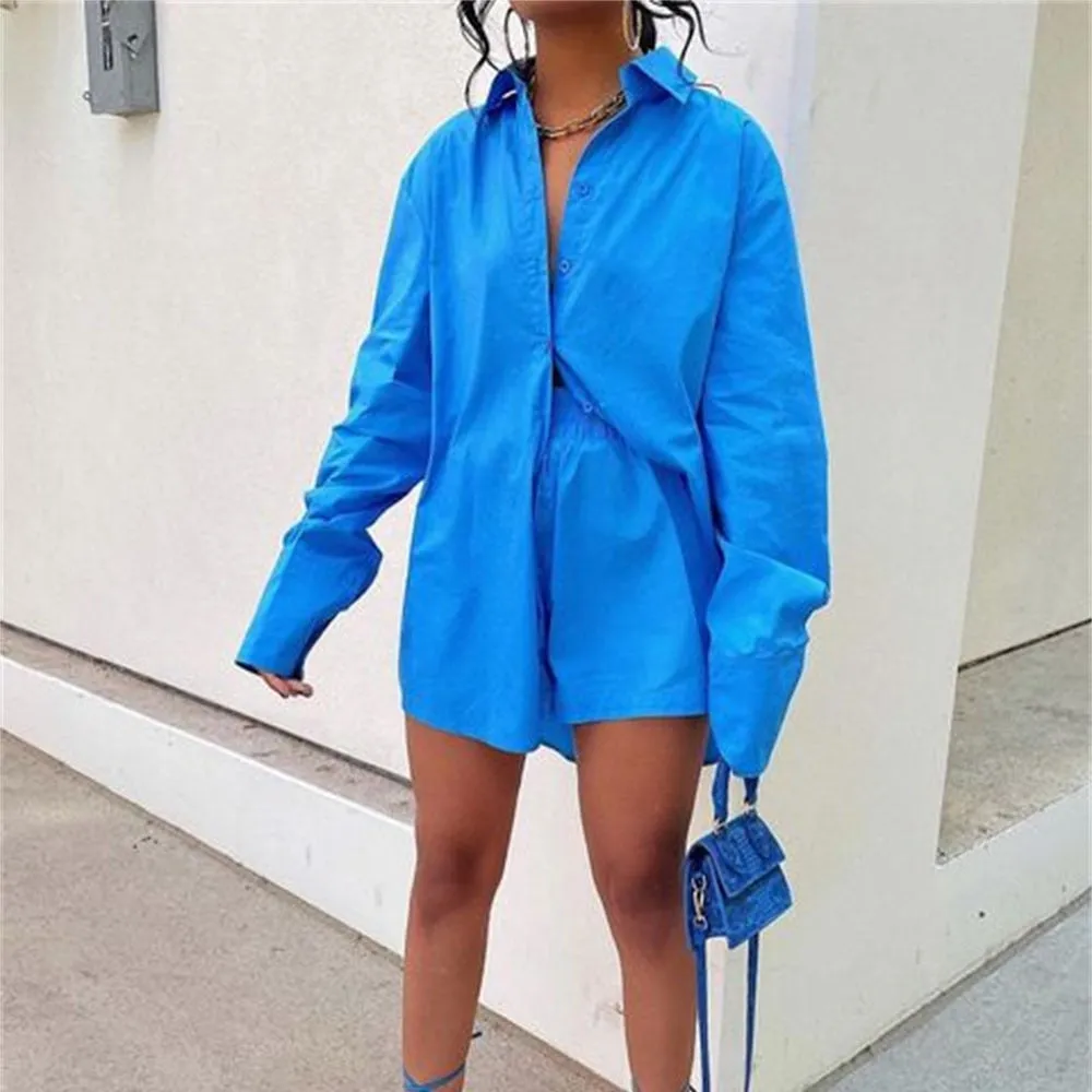 Women's Tracksuits Shirt With Mini Shorts Cotton Two Pieces Sets Fashion Clothing Outfits Blouse Set