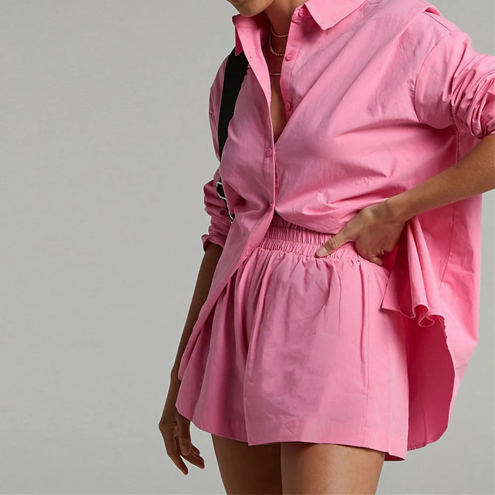 Women's Tracksuits Shirt With Mini Shorts Cotton Two Pieces Sets Fashion Clothing Outfits Blouse Set
