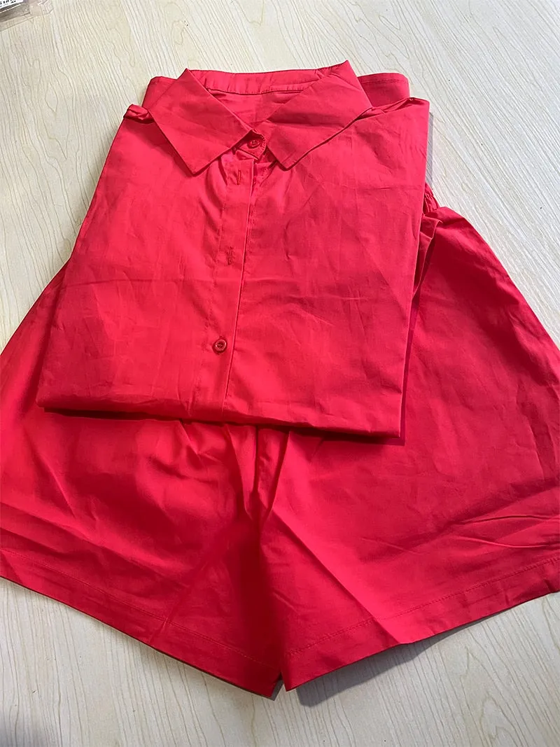 Women's Tracksuits Shirt With Mini Shorts Cotton Two Pieces Sets Fashion Clothing Outfits Blouse Set