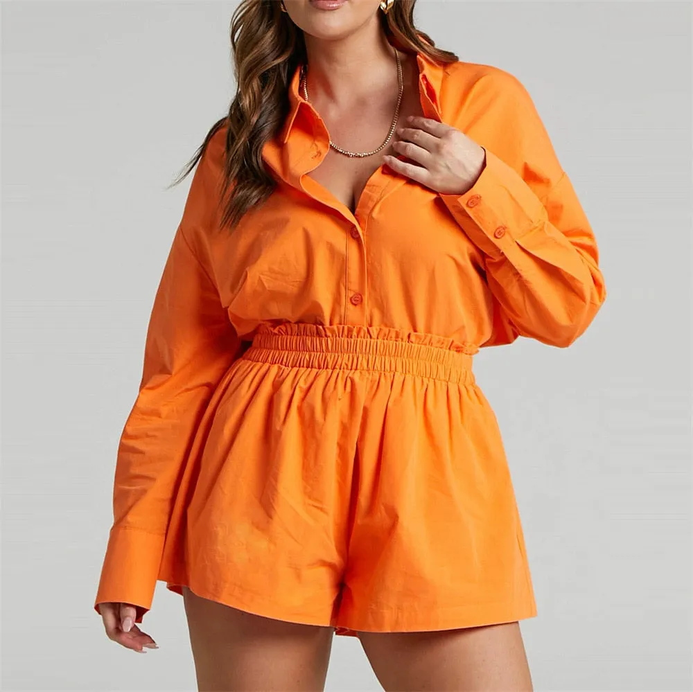 Women's Tracksuits Shirt With Mini Shorts Cotton Two Pieces Sets Fashion Clothing Outfits Blouse Set