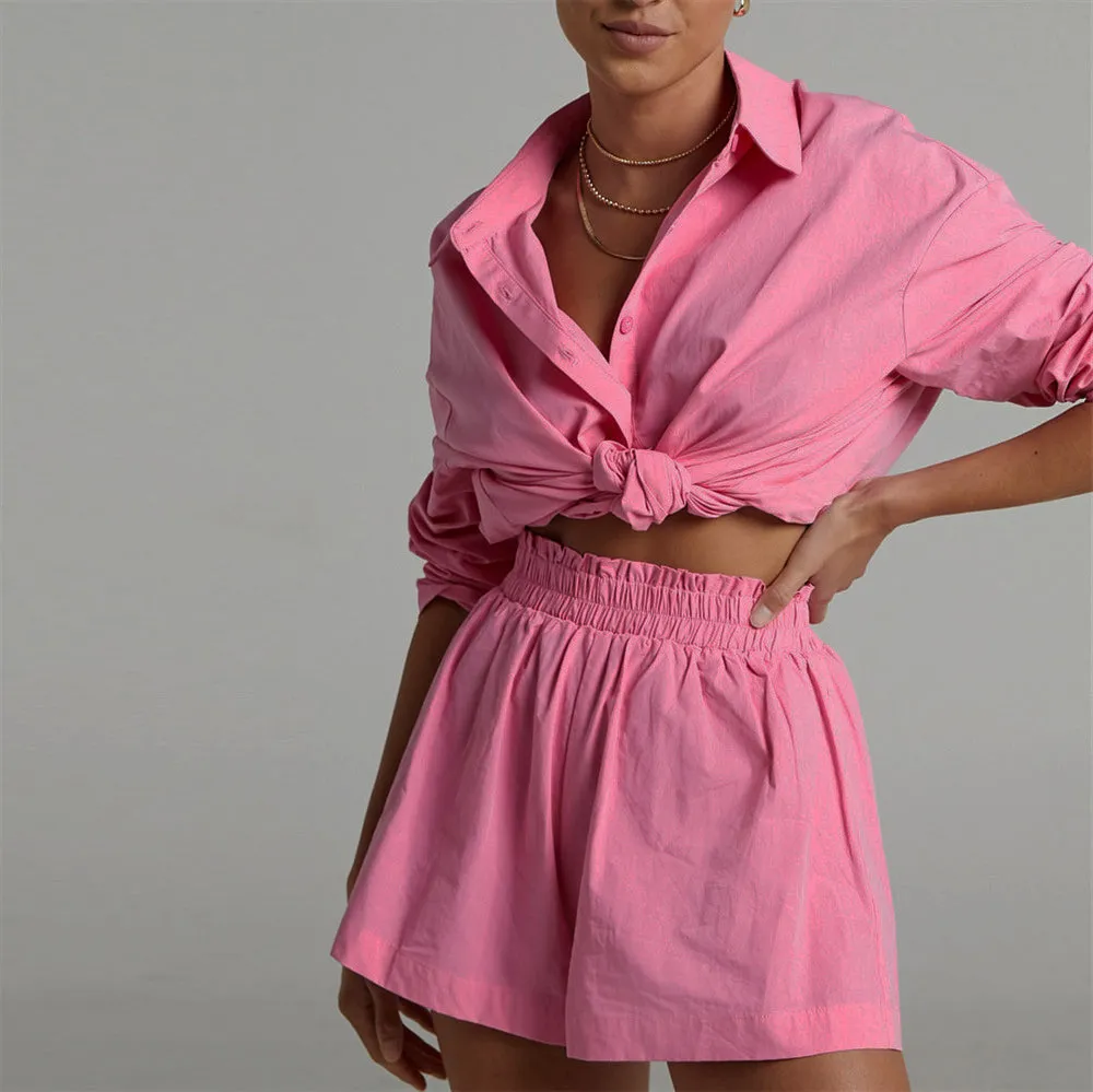 Women's Tracksuits Shirt With Mini Shorts Cotton Two Pieces Sets Fashion Clothing Outfits Blouse Set