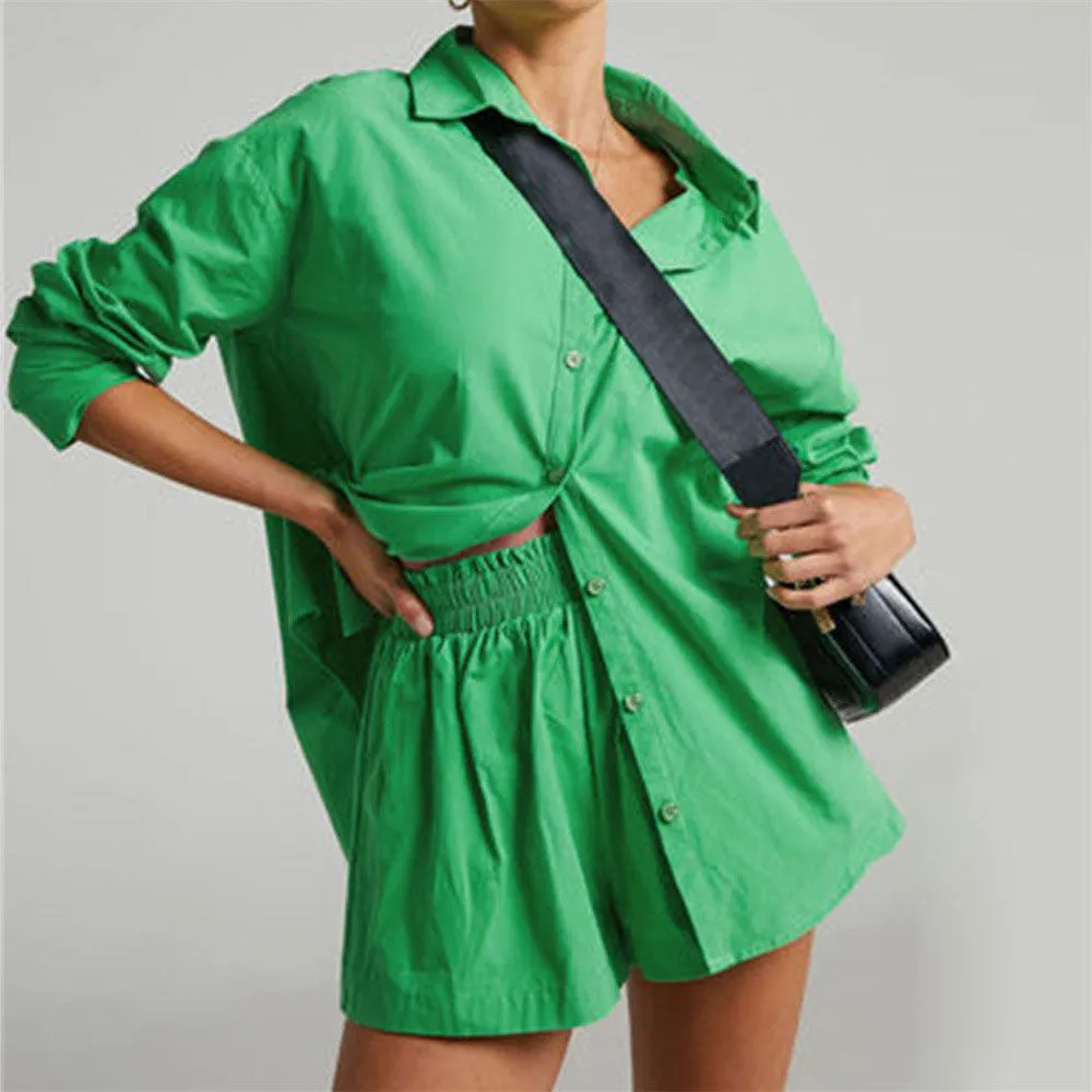 Women's Tracksuits Shirt With Mini Shorts Cotton Two Pieces Sets Fashion Clothing Outfits Blouse Set