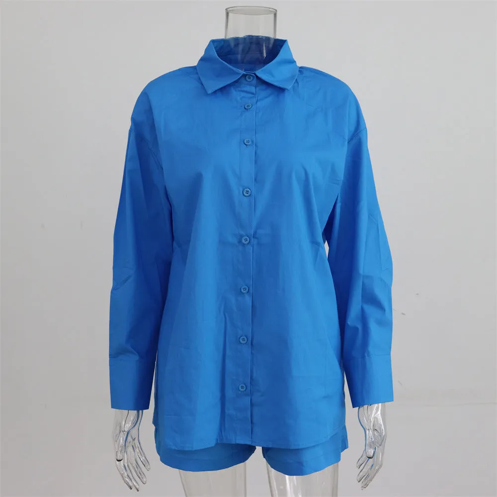 Women's Tracksuits Shirt With Mini Shorts Cotton Two Pieces Sets Fashion Clothing Outfits Blouse Set